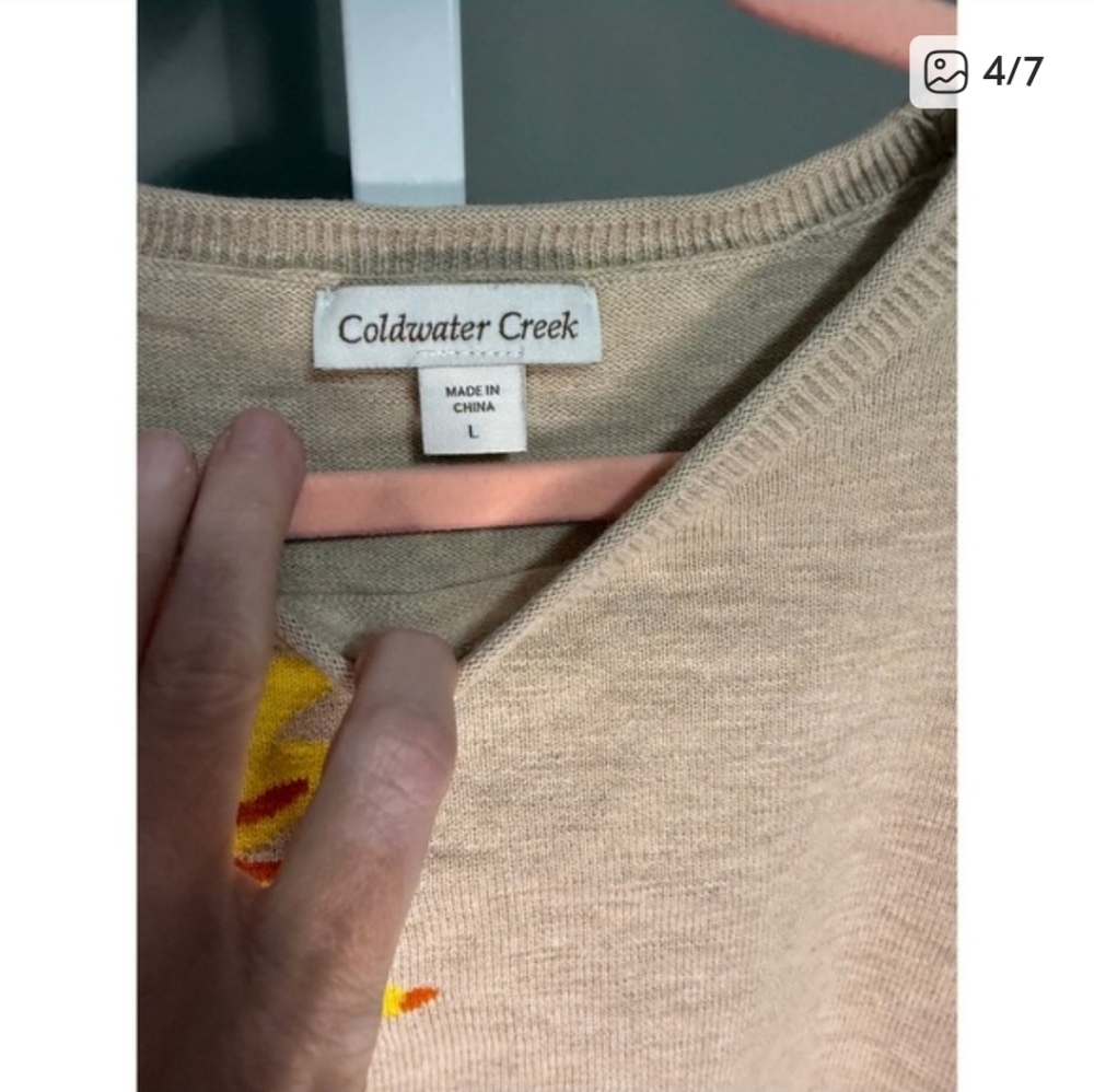 Coldwater Creek 100% Cotton Beige Sunflower Long Sleeve Sweater Top Large - Picture 4 of 7